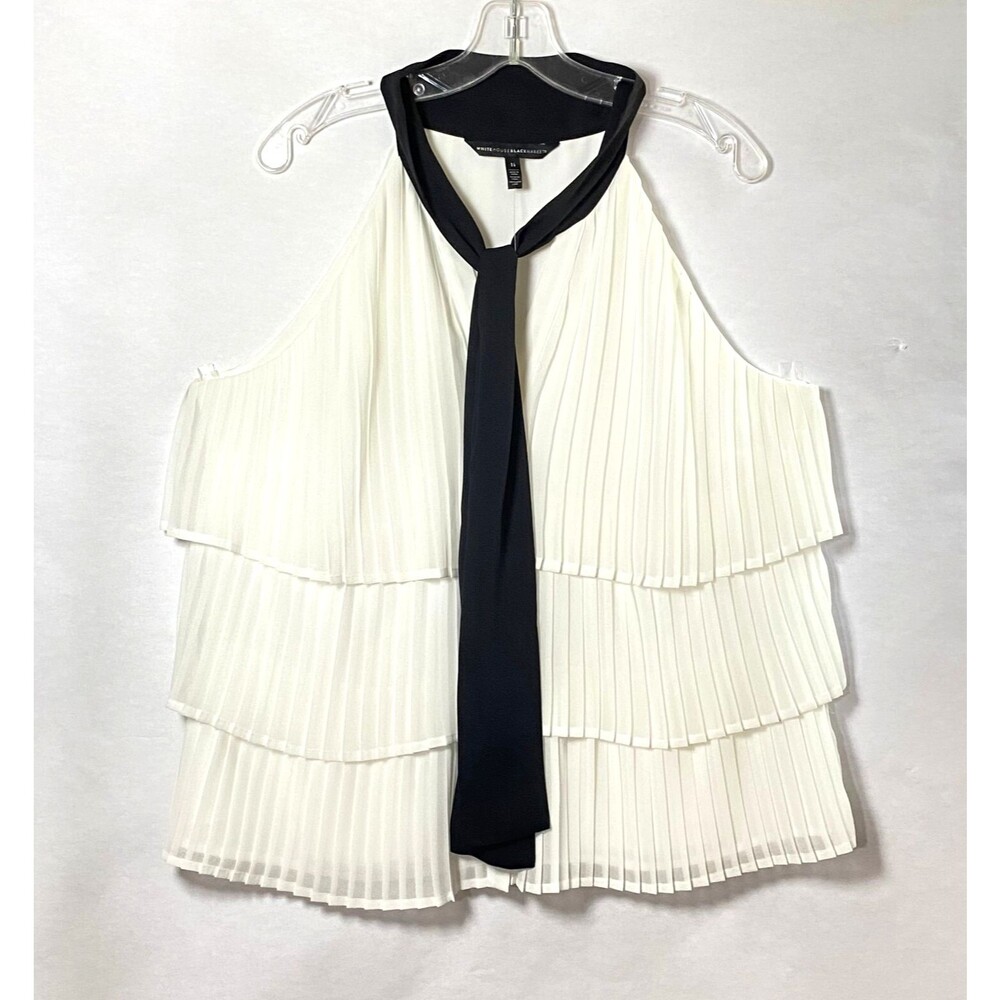 WHBM Tiered Pleats Tank Top Womens Size 14 Off White Black Necktie Lined NWOT - Picture 2 of 15